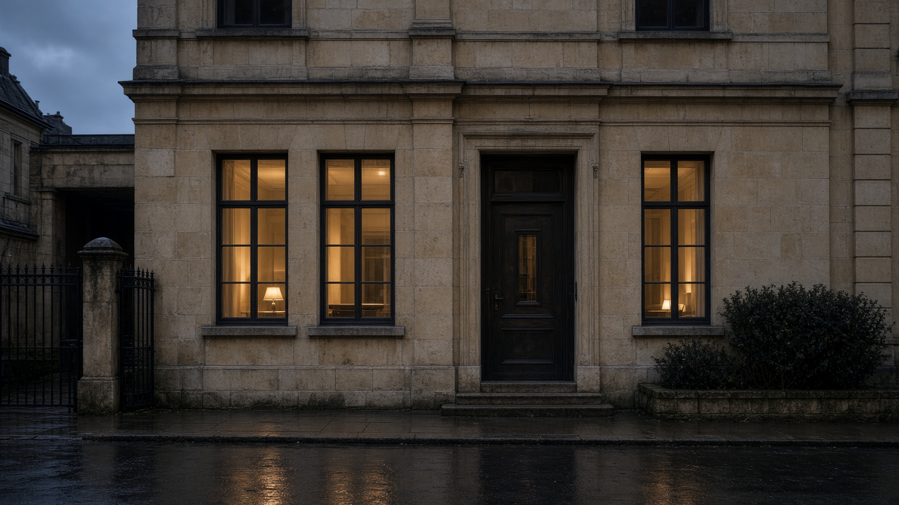 A limestone townhouse at dusk